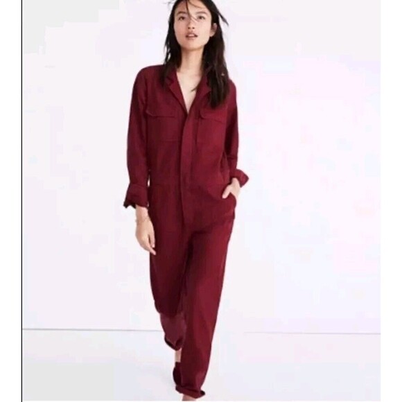 Madewell Size 0 Garment Dyed Denim Slim Coverall Jumpsuit Burgundy Red K3293 EUC - Picture 1 of 7